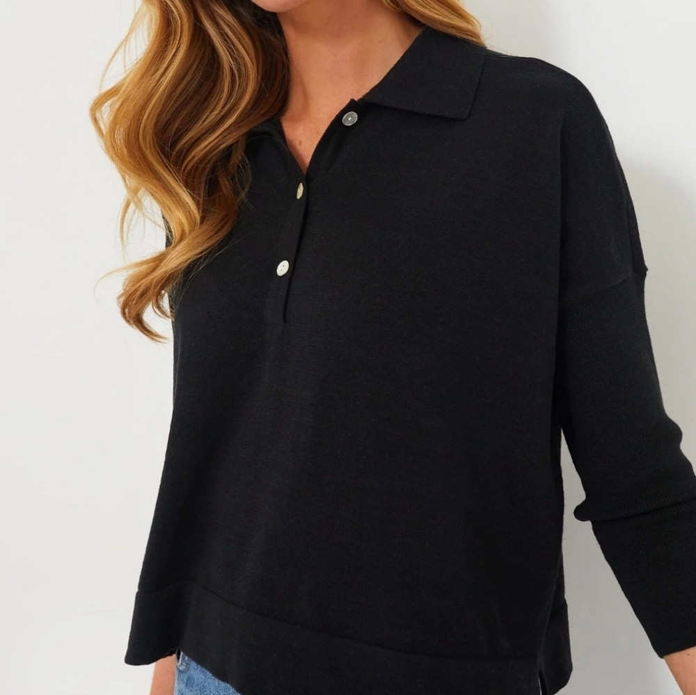 Tuckernuck Dark Green Clayton Knit Polo 3/4 Sleeves‎ Linen Women Sz M/L - Picture 3 of 16
